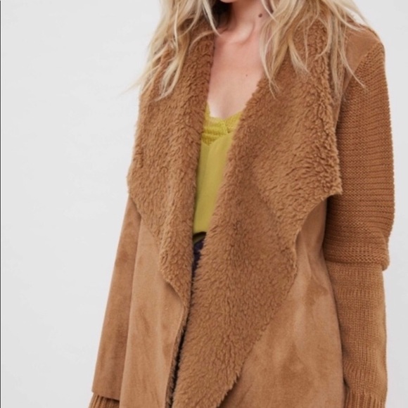 LAST! Suede and Sherpa Open Cardigan-CAMEL - Picture 2 of 5